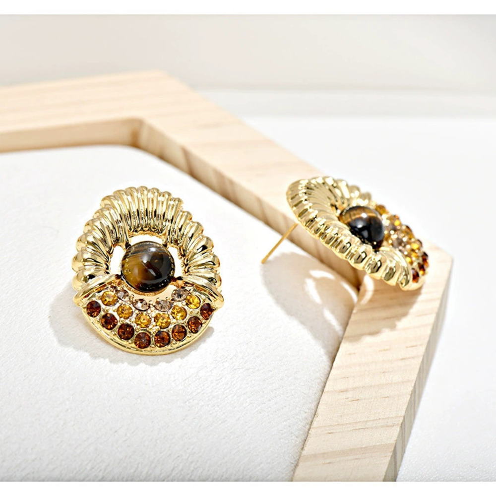vintage Oversized Vintage Tiger Eye Oval Diamond Stud Earrings